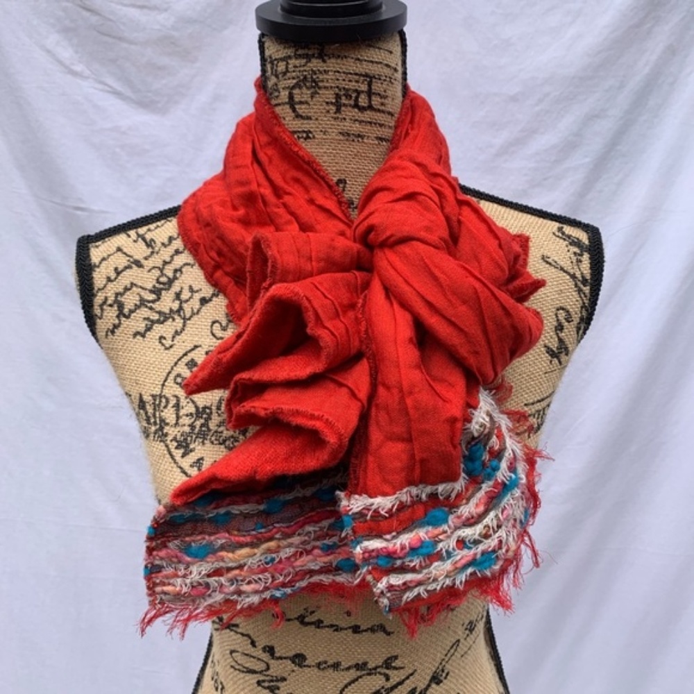 Boho Red Scarf  | Multi Colored Trim | Fringe